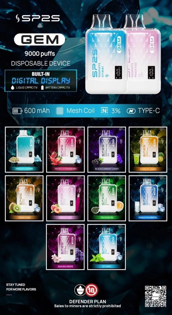 🌈SP2S GEM 拋棄式9000口可充電一次性電子煙 液晶屏電亮顯示🔥 現貨當日出
